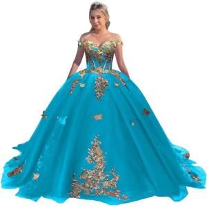 imageYoujiayi Off Shoulder Quinceanera Dresses Puffy Tulle Ball Gowns for Women Gold Appliques Sweet 16 DressesBlue