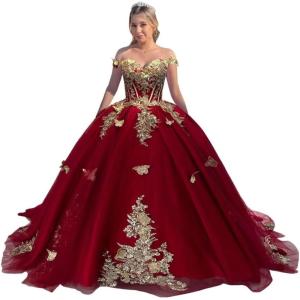 imageYoujiayi Off Shoulder Quinceanera Dresses Puffy Tulle Ball Gowns for Women Gold Appliques Sweet 16 DressesBurgundy