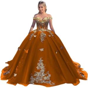 imageYoujiayi Off Shoulder Quinceanera Dresses Puffy Tulle Ball Gowns for Women Gold Appliques Sweet 16 DressesBurnt Orange