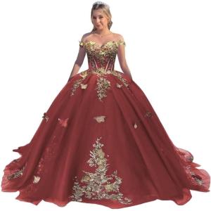 imageYoujiayi Off Shoulder Quinceanera Dresses Puffy Tulle Ball Gowns for Women Gold Appliques Sweet 16 DressesDesert Rose
