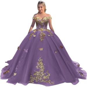 imageYoujiayi Off Shoulder Quinceanera Dresses Puffy Tulle Ball Gowns for Women Gold Appliques Sweet 16 DressesDusty Purple