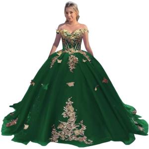 imageYoujiayi Off Shoulder Quinceanera Dresses Puffy Tulle Ball Gowns for Women Gold Appliques Sweet 16 DressesEmerald Green