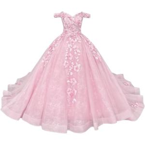 imageYoujiayi Princess Off Shoulder Quinceanera Dresses Puffy Tulle Sweet 16 Dress with Train Lace Beaded Long Ball Gown for WomenPink