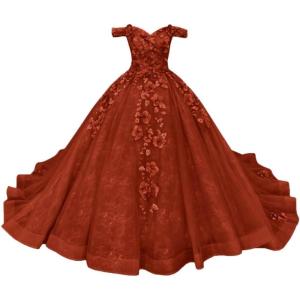 imageYoujiayi Princess Off Shoulder Quinceanera Dresses Puffy Tulle Sweet 16 Dress with Train Lace Beaded Long Ball Gown for WomenRust