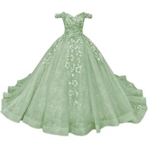 imageYoujiayi Princess Off Shoulder Quinceanera Dresses Puffy Tulle Sweet 16 Dress with Train Lace Beaded Long Ball Gown for WomenSage Green