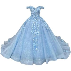 imageYoujiayi Princess Off Shoulder Quinceanera Dresses Puffy Tulle Sweet 16 Dress with Train Lace Beaded Long Ball Gown for WomenSky Blue