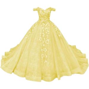imageYoujiayi Princess Off Shoulder Quinceanera Dresses Puffy Tulle Sweet 16 Dress with Train Lace Beaded Long Ball Gown for WomenYellow