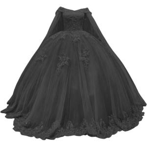 imageYoujiayi Princess Off Shoulder Quinceanera Dresses with Cape Puffy Tulle Sweet 16 Dress Lace Beaded Ball Gown with TrainBlack