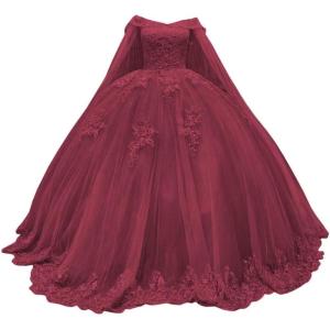imageYoujiayi Princess Off Shoulder Quinceanera Dresses with Cape Puffy Tulle Sweet 16 Dress Lace Beaded Ball Gown with TrainBurgundy