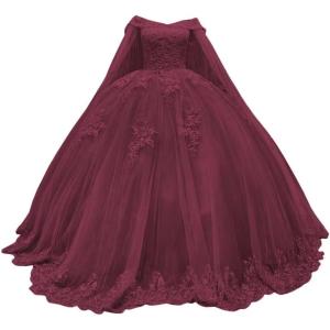 imageYoujiayi Princess Off Shoulder Quinceanera Dresses with Cape Puffy Tulle Sweet 16 Dress Lace Beaded Ball Gown with TrainDeep Burgundy