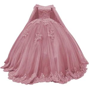 imageYoujiayi Princess Off Shoulder Quinceanera Dresses with Cape Puffy Tulle Sweet 16 Dress Lace Beaded Ball Gown with TrainDusty Rose