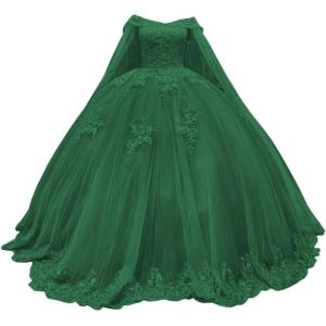 imageYoujiayi Princess Off Shoulder Quinceanera Dresses with Cape Puffy Tulle Sweet 16 Dress Lace Beaded Ball Gown with TrainEmerald Green