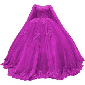 imageYoujiayi Princess Off Shoulder Quinceanera Dresses with Cape Puffy Tulle Sweet 16 Dress Lace Beaded Ball Gown with TrainFuchsia