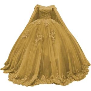 imageYoujiayi Princess Off Shoulder Quinceanera Dresses with Cape Puffy Tulle Sweet 16 Dress Lace Beaded Ball Gown with TrainGold