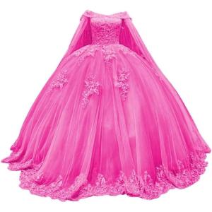 imageYoujiayi Princess Off Shoulder Quinceanera Dresses with Cape Puffy Tulle Sweet 16 Dress Lace Beaded Ball Gown with TrainHot Pink