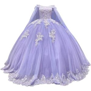 imageYoujiayi Princess Off Shoulder Quinceanera Dresses with Cape Puffy Tulle Sweet 16 Dress Lace Beaded Ball Gown with TrainLavender