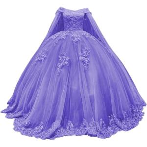 imageYoujiayi Princess Off Shoulder Quinceanera Dresses with Cape Puffy Tulle Sweet 16 Dress Lace Beaded Ball Gown with TrainLavender Deep