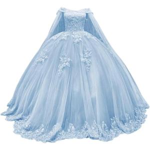 imageYoujiayi Princess Off Shoulder Quinceanera Dresses with Cape Puffy Tulle Sweet 16 Dress Lace Beaded Ball Gown with TrainLight Blue