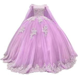 imageYoujiayi Princess Off Shoulder Quinceanera Dresses with Cape Puffy Tulle Sweet 16 Dress Lace Beaded Ball Gown with TrainLilac