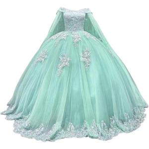 imageYoujiayi Princess Off Shoulder Quinceanera Dresses with Cape Puffy Tulle Sweet 16 Dress Lace Beaded Ball Gown with TrainMint