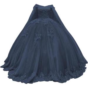 imageYoujiayi Princess Off Shoulder Quinceanera Dresses with Cape Puffy Tulle Sweet 16 Dress Lace Beaded Ball Gown with TrainNavy Blue