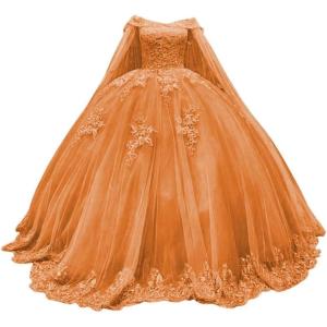 imageYoujiayi Princess Off Shoulder Quinceanera Dresses with Cape Puffy Tulle Sweet 16 Dress Lace Beaded Ball Gown with TrainOrange