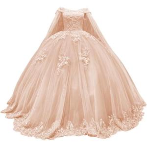 imageYoujiayi Princess Off Shoulder Quinceanera Dresses with Cape Puffy Tulle Sweet 16 Dress Lace Beaded Ball Gown with TrainPeach