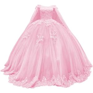 imageYoujiayi Princess Off Shoulder Quinceanera Dresses with Cape Puffy Tulle Sweet 16 Dress Lace Beaded Ball Gown with TrainPink