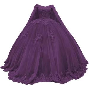 imageYoujiayi Princess Off Shoulder Quinceanera Dresses with Cape Puffy Tulle Sweet 16 Dress Lace Beaded Ball Gown with TrainPlum