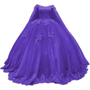 imageYoujiayi Princess Off Shoulder Quinceanera Dresses with Cape Puffy Tulle Sweet 16 Dress Lace Beaded Ball Gown with TrainPurple