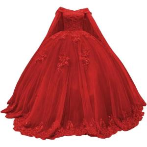 imageYoujiayi Princess Off Shoulder Quinceanera Dresses with Cape Puffy Tulle Sweet 16 Dress Lace Beaded Ball Gown with TrainRed