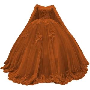 imageYoujiayi Princess Off Shoulder Quinceanera Dresses with Cape Puffy Tulle Sweet 16 Dress Lace Beaded Ball Gown with TrainRust