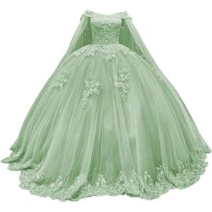 imageYoujiayi Princess Off Shoulder Quinceanera Dresses with Cape Puffy Tulle Sweet 16 Dress Lace Beaded Ball Gown with TrainSage Green