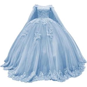imageYoujiayi Princess Off Shoulder Quinceanera Dresses with Cape Puffy Tulle Sweet 16 Dress Lace Beaded Ball Gown with TrainSky Blue