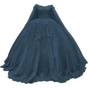 imageYoujiayi Princess Off Shoulder Quinceanera Dresses with Cape Puffy Tulle Sweet 16 Dress Lace Beaded Ball Gown with TrainTeal
