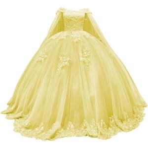 imageYoujiayi Princess Off Shoulder Quinceanera Dresses with Cape Puffy Tulle Sweet 16 Dress Lace Beaded Ball Gown with TrainYellow