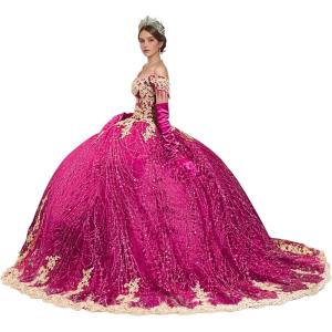 imageYoujiayi Sparkly Gold Appliques Quinceanera Dresses Puffy Tulle Sequin Ball Gown Off Shoulder Lace Beaded Sweet 16 DressesBright Pink