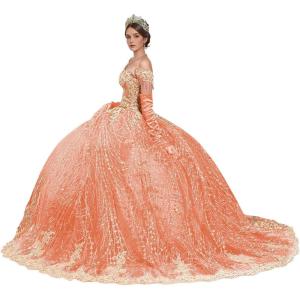 imageYoujiayi Sparkly Gold Appliques Quinceanera Dresses Puffy Tulle Sequin Ball Gown Off Shoulder Lace Beaded Sweet 16 DressesCoral