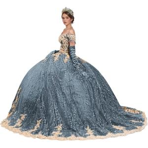 imageYoujiayi Sparkly Gold Appliques Quinceanera Dresses Puffy Tulle Sequin Ball Gown Off Shoulder Lace Beaded Sweet 16 DressesDusty Blue