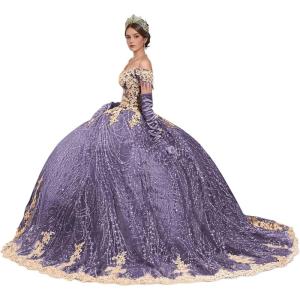 imageYoujiayi Sparkly Gold Appliques Quinceanera Dresses Puffy Tulle Sequin Ball Gown Off Shoulder Lace Beaded Sweet 16 DressesDusty Purple