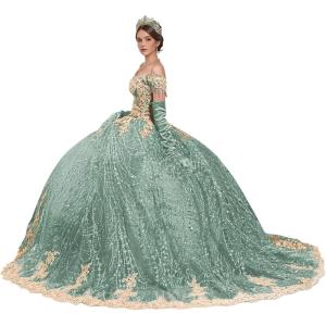 imageYoujiayi Sparkly Gold Appliques Quinceanera Dresses Puffy Tulle Sequin Ball Gown Off Shoulder Lace Beaded Sweet 16 DressesDusty Sage