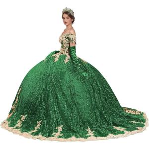 imageYoujiayi Sparkly Gold Appliques Quinceanera Dresses Puffy Tulle Sequin Ball Gown Off Shoulder Lace Beaded Sweet 16 DressesEmerald Green