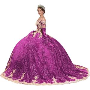 imageYoujiayi Sparkly Gold Appliques Quinceanera Dresses Puffy Tulle Sequin Ball Gown Off Shoulder Lace Beaded Sweet 16 DressesFuchsia