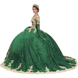 imageYoujiayi Sparkly Gold Appliques Quinceanera Dresses Puffy Tulle Sequin Ball Gown Off Shoulder Lace Beaded Sweet 16 DressesGreen