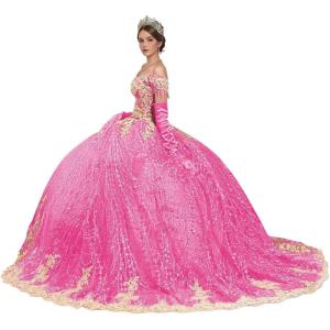 imageYoujiayi Sparkly Gold Appliques Quinceanera Dresses Puffy Tulle Sequin Ball Gown Off Shoulder Lace Beaded Sweet 16 DressesHot Pink