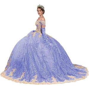 imageYoujiayi Sparkly Gold Appliques Quinceanera Dresses Puffy Tulle Sequin Ball Gown Off Shoulder Lace Beaded Sweet 16 DressesLavender