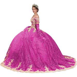 imageYoujiayi Sparkly Gold Appliques Quinceanera Dresses Puffy Tulle Sequin Ball Gown Off Shoulder Lace Beaded Sweet 16 DressesMagenta