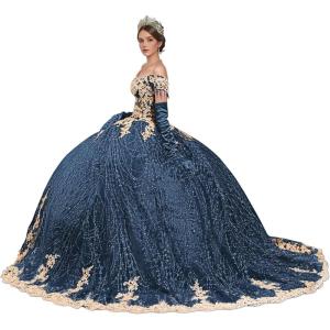 imageYoujiayi Sparkly Gold Appliques Quinceanera Dresses Puffy Tulle Sequin Ball Gown Off Shoulder Lace Beaded Sweet 16 DressesNavy