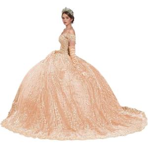 imageYoujiayi Sparkly Gold Appliques Quinceanera Dresses Puffy Tulle Sequin Ball Gown Off Shoulder Lace Beaded Sweet 16 DressesPeach