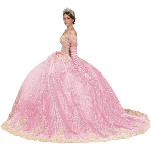 imageYoujiayi Sparkly Gold Appliques Quinceanera Dresses Puffy Tulle Sequin Ball Gown Off Shoulder Lace Beaded Sweet 16 DressesPink